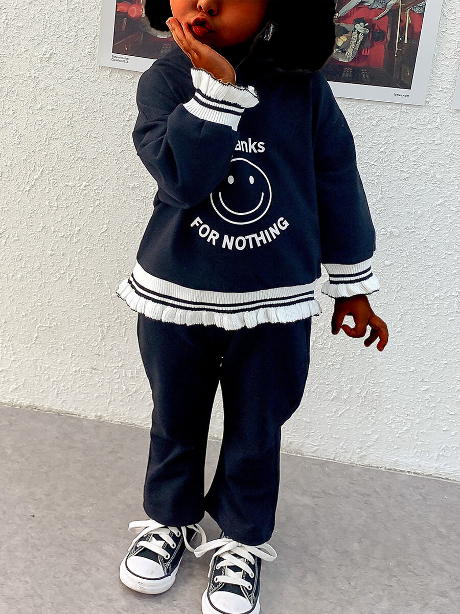 

Lovely Street Hooded Collar Letter Print Black Girl Two Piece Pants Set