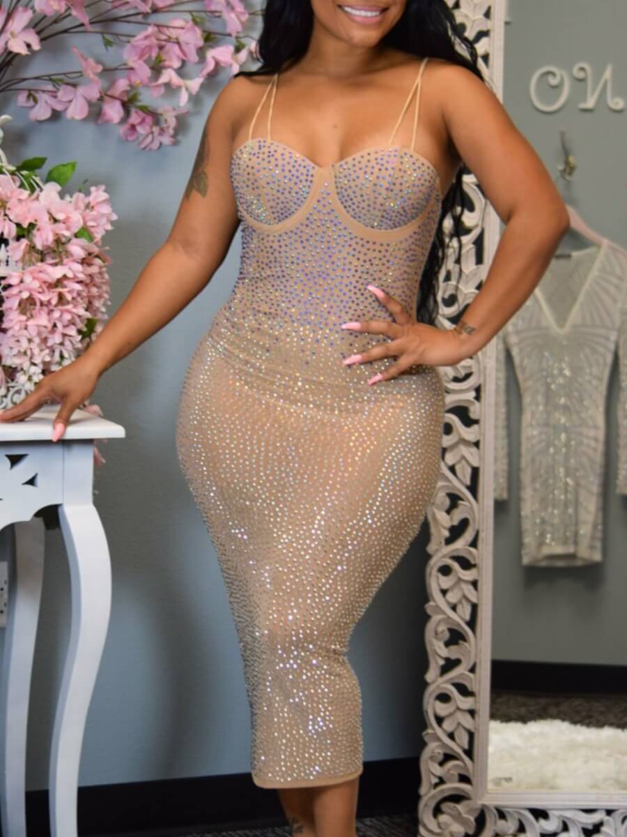 

Lovely Sexy Spaghetti Strap Sequined Apricot Mid Calf Evening Dress