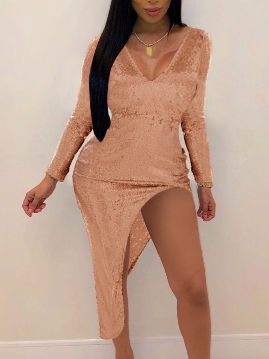 

Lovely Party V Neck Sequined Asymmetrical Pink Mid Calf Evening Dress