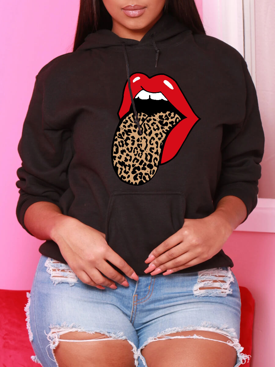 

Lovely Casual Lip Print Kangaroo Pocket Black Plus Size Hoodie