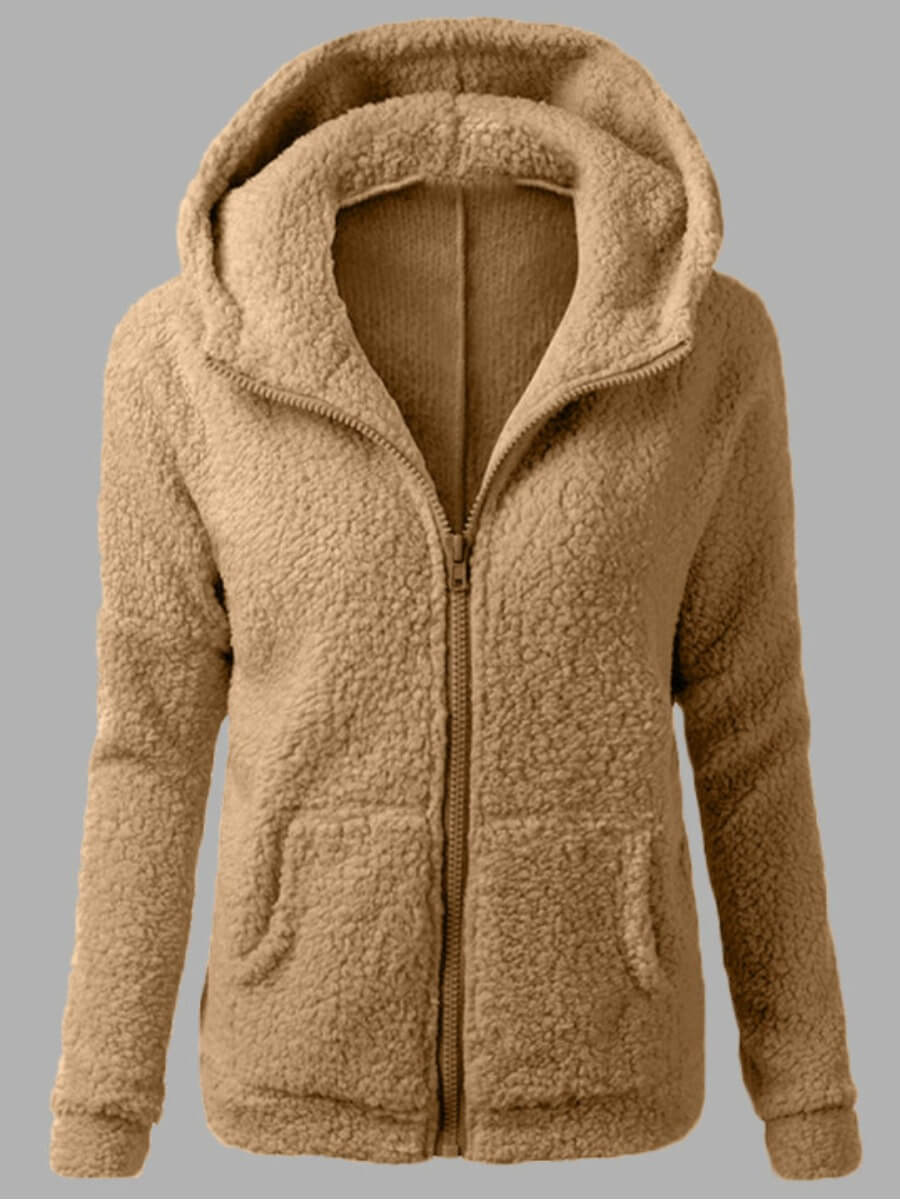 

Lovely Casual Hooded Collar Kangaroo Pocket Khaki Faux Fur