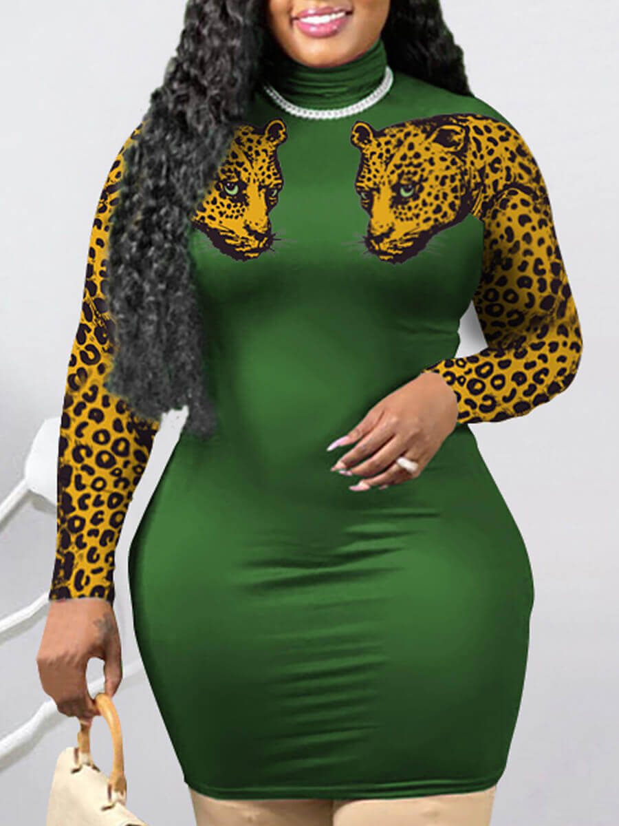 

Lovely Casual O Neck Leopard Print Green Knee Length Dress