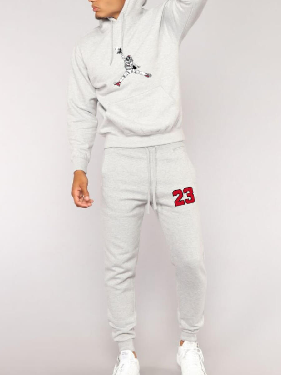 

Lovely Street Hooded Collar Letter Print Grey Men Two Piece Pants Set