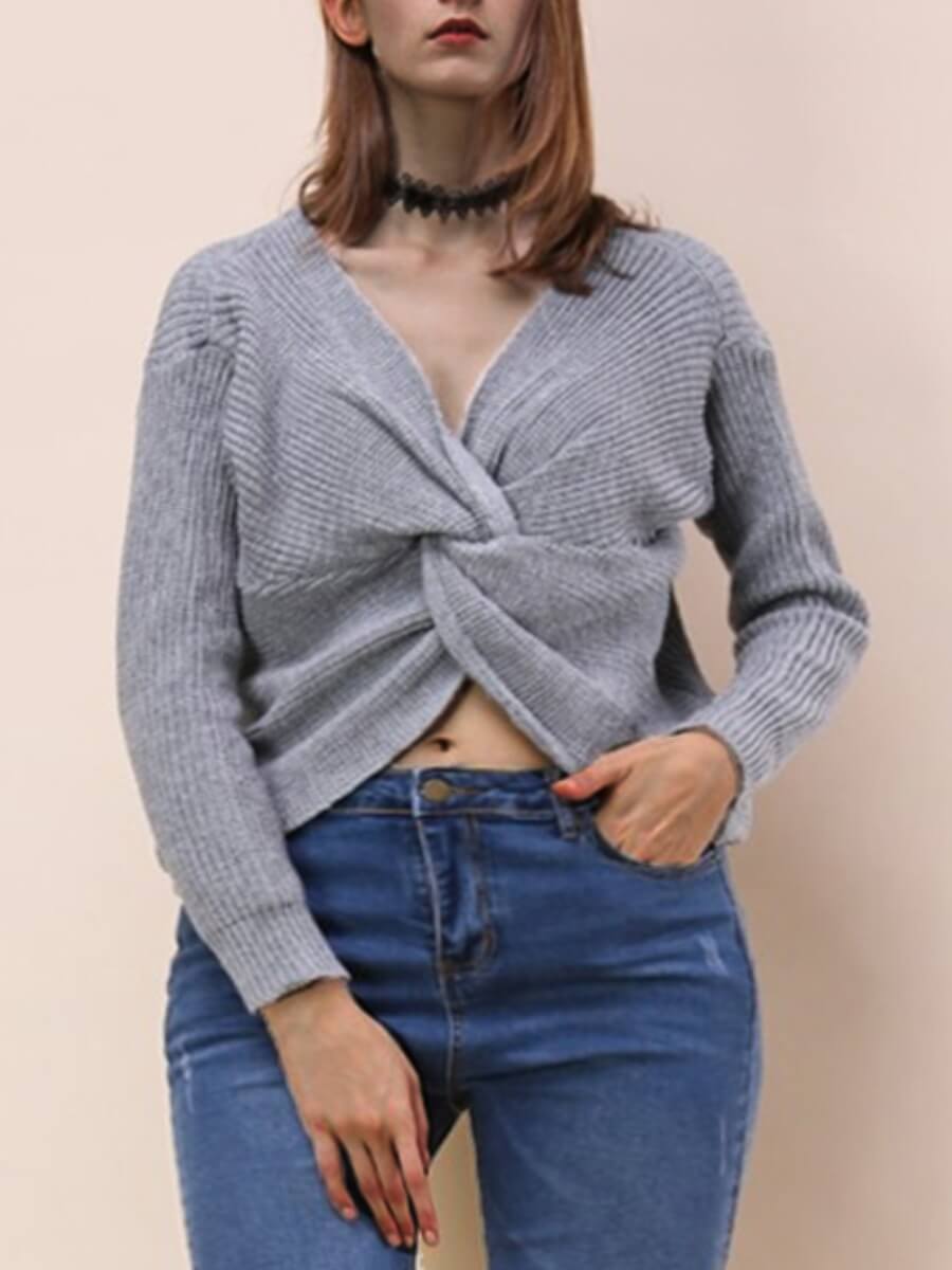 

Lovely Casual V Neck Bandage Design Grey Plus Size Sweater