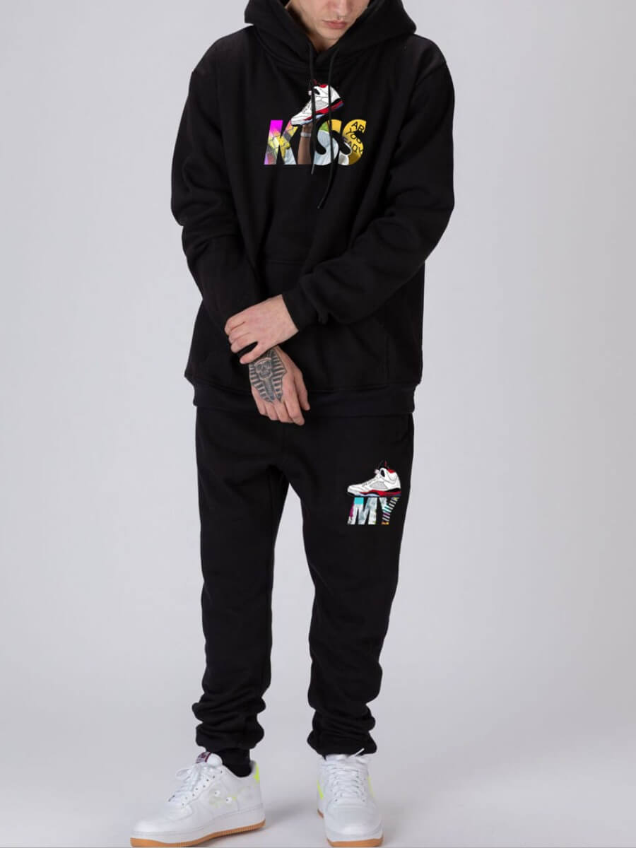 

Lovely Trendy Hooded Collar Letter Print Black Men Two Piece Pants Set