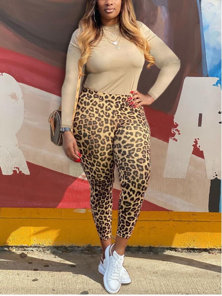 

Lovely Casual Half A Turtleneck Leopard Print Patchwork Two Piece Pants Set