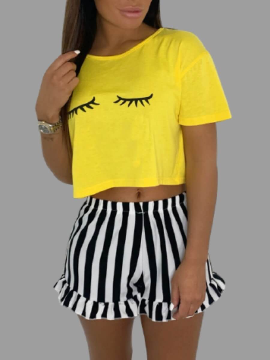 

Lovely Casual O Neck Striped Patchwork Yellow Sleepwear
