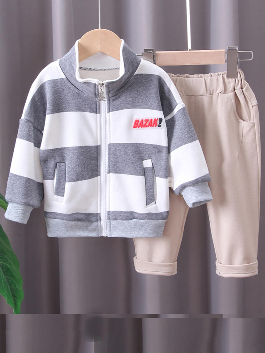 

Lovely Casual Striped Patchwork Grey Boy Two Piece Pants Set, Gray stripe