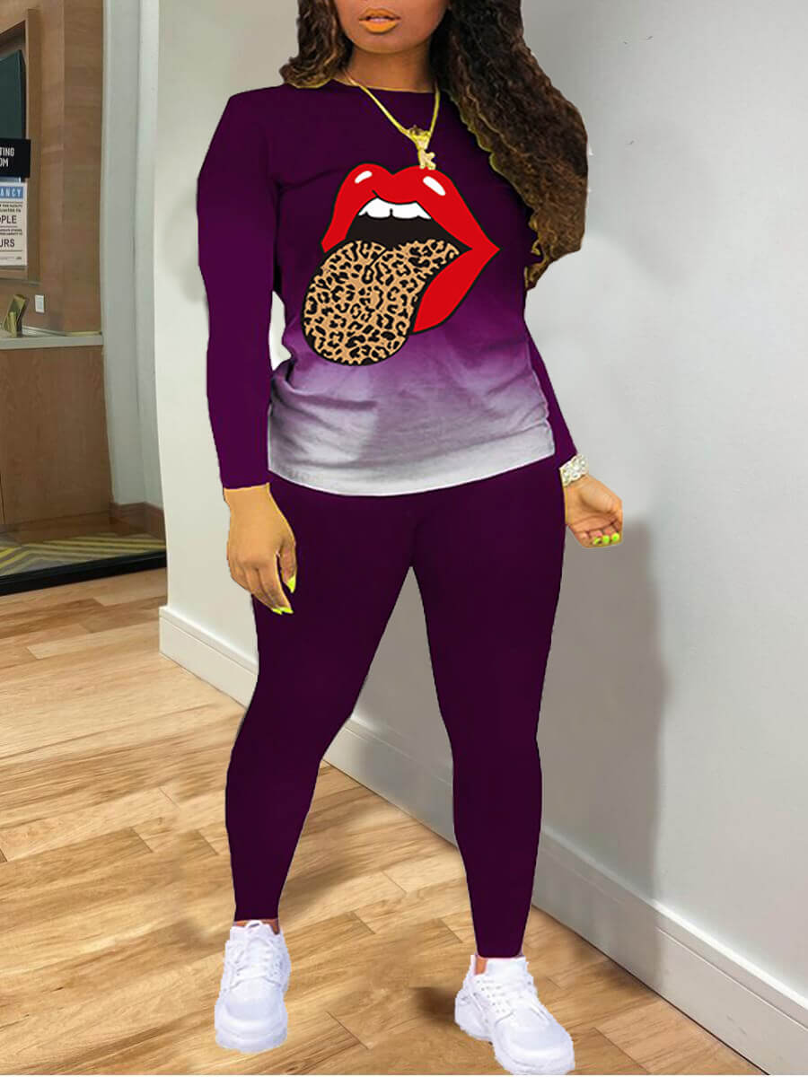 

Lovely Casual Gradient Lip Print Purple Two Piece Pants Set