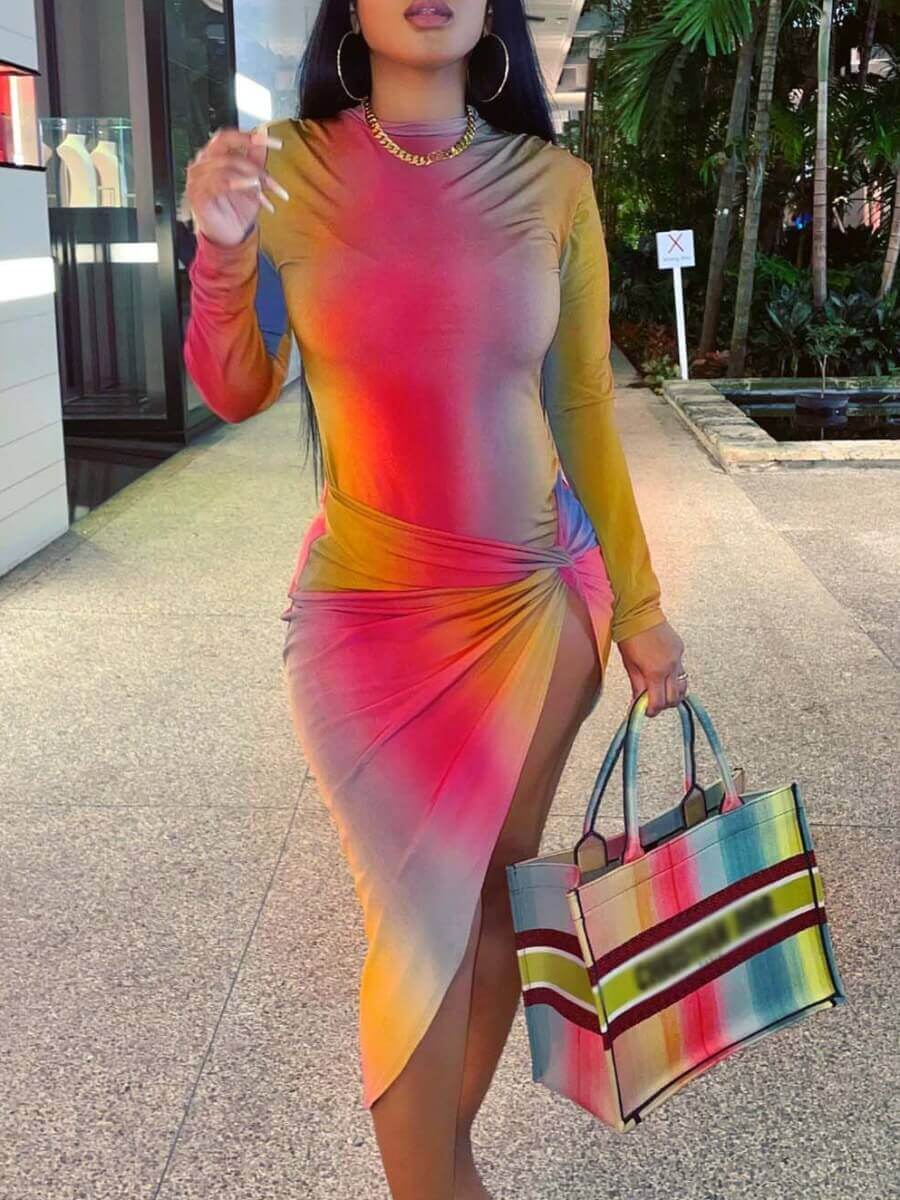 

Lovely Trendy Gradient Side High Split Multicolor Knee Length Dress, Multi
