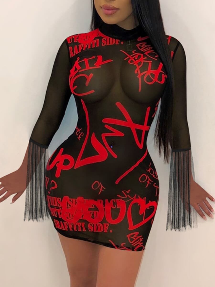 

Lovely Sexy See-through Letter Print Patchwork Red Mini Dress
