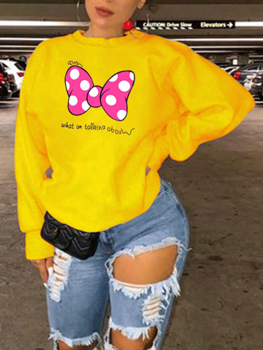 

Lovely Casual O Neck Letter Bow-knot Print Loose Yellow Hoodie