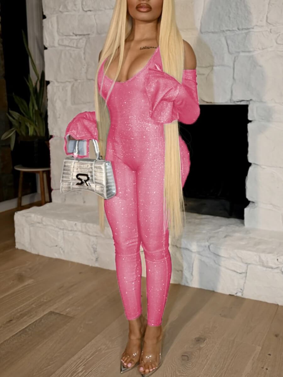 

Lovely Sexy Flared Sequined Hollow-out Pink One-piece Jumpsuit