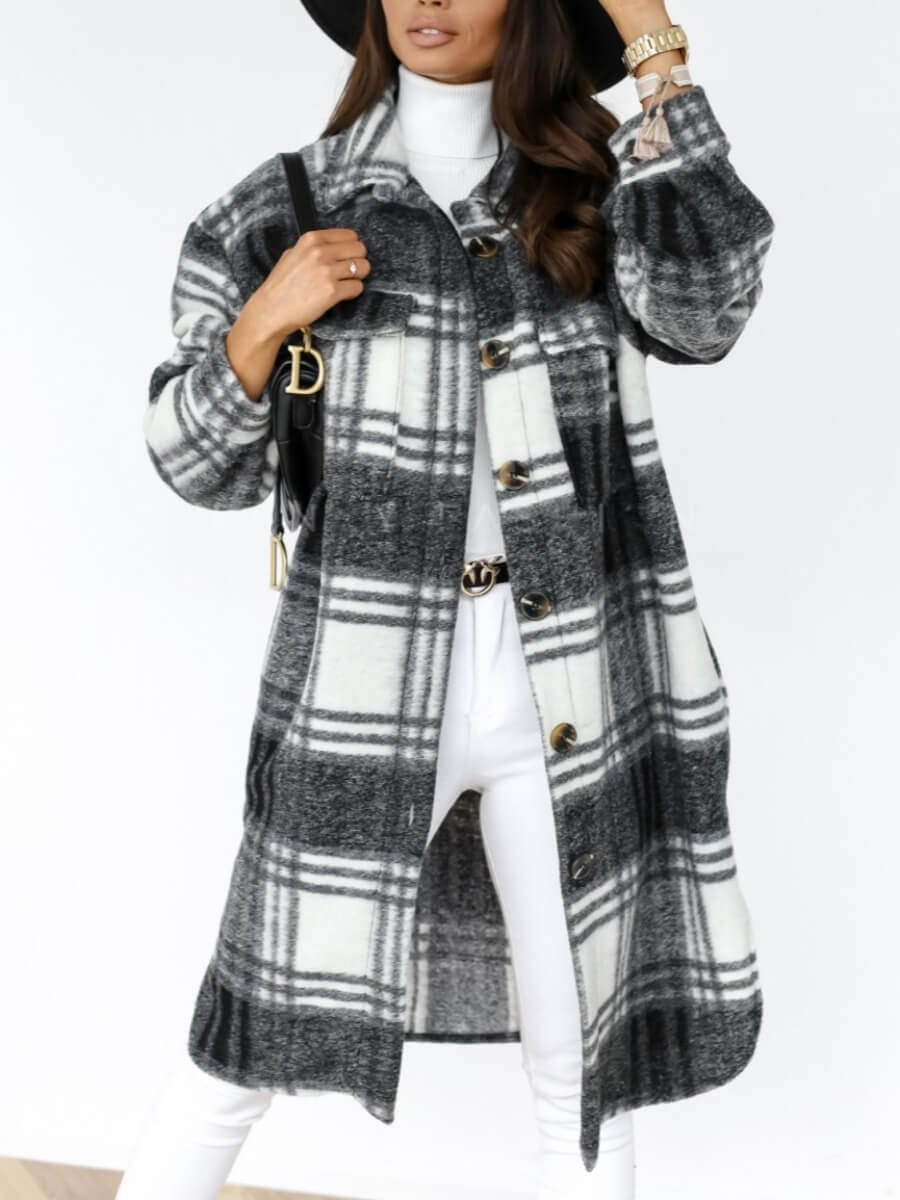 

Lovely Street Plaid Print Pocket Design Black Woolen Coat