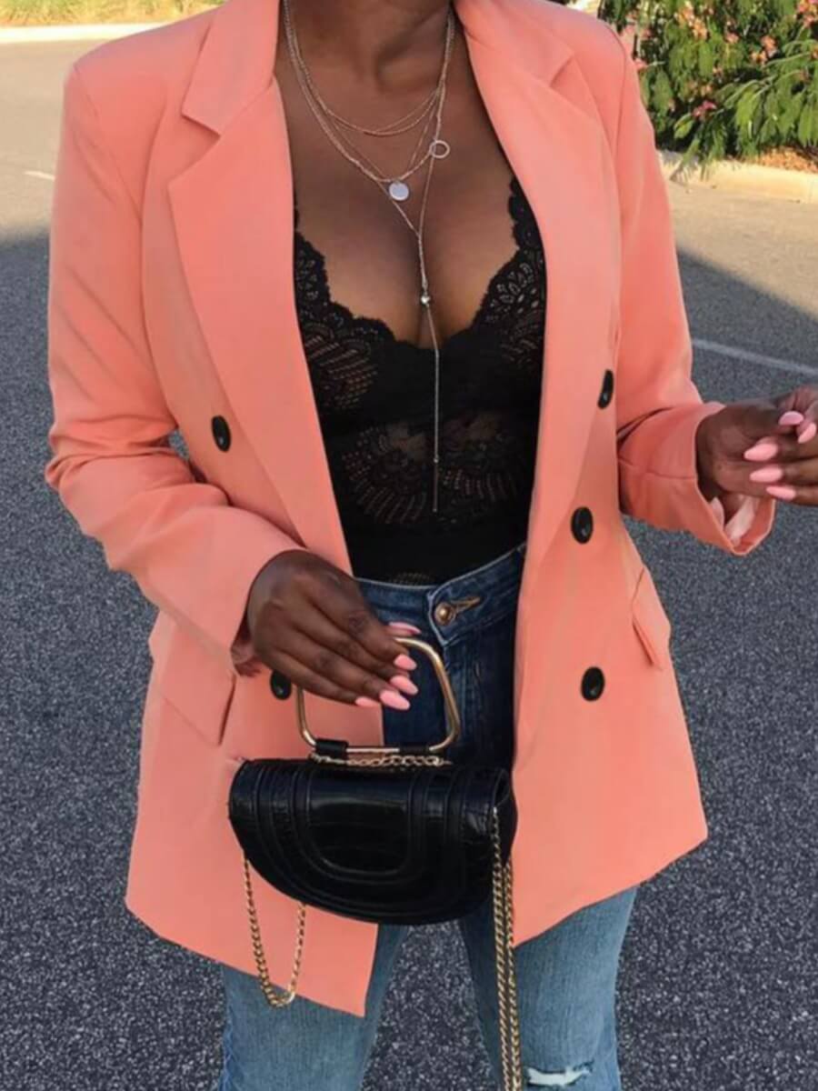 

Lovely Formal Button Pocket Design Pink Blazer
