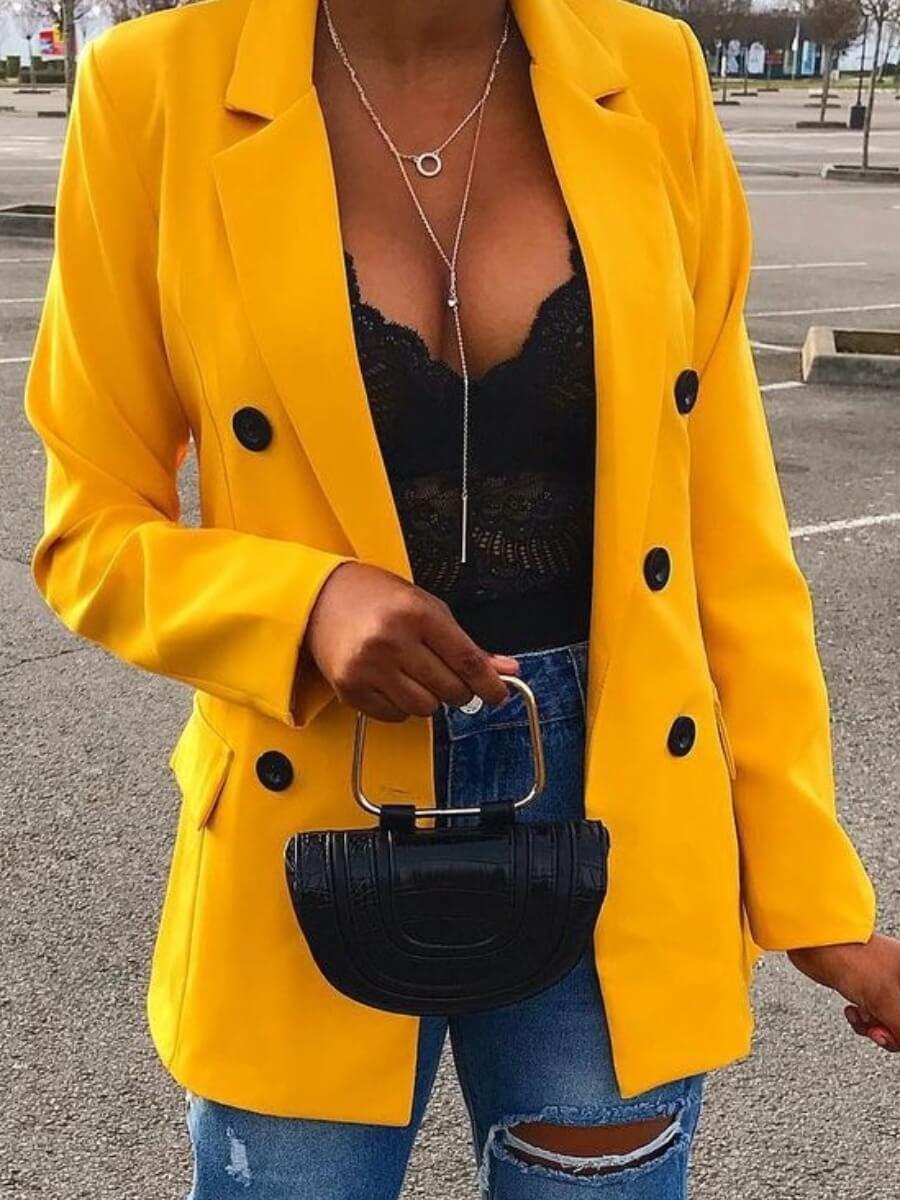 

Lovely Formal Button Pocket Design Yellow Blazer