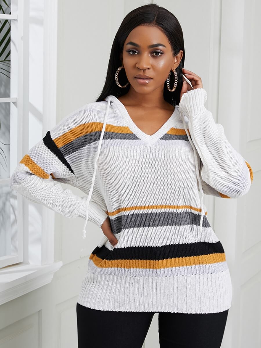 

Lovely Stylish Hooded Collar Striped White Sweater