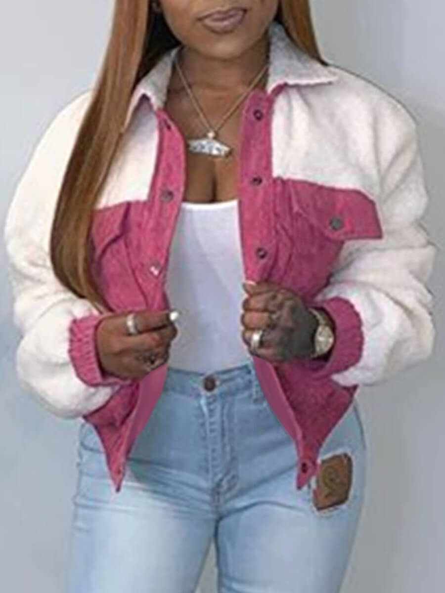 

Lovely Stylish Turndown Collar Patchwork Pink Faux Fur