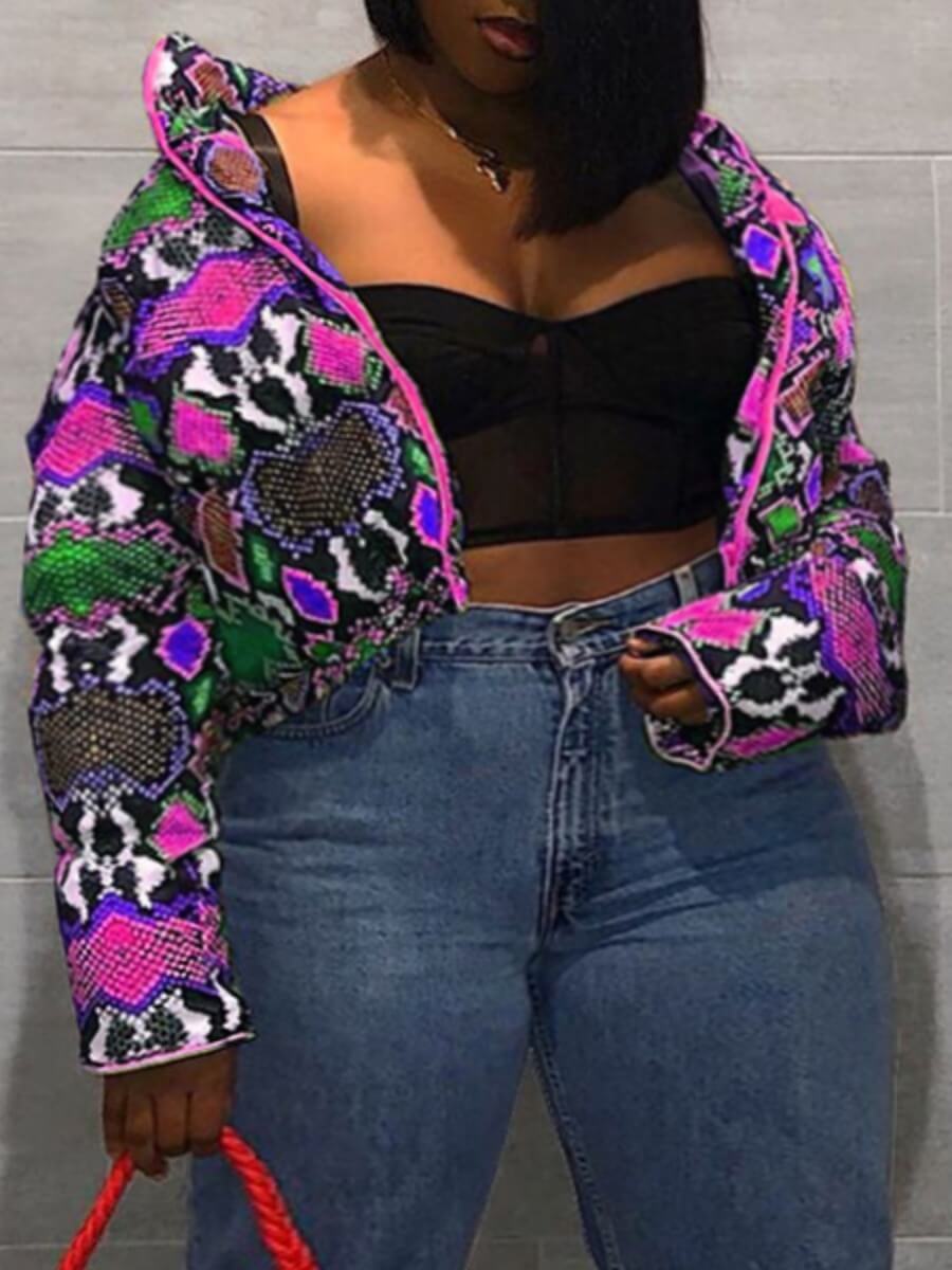 

Lovely Casual Geometric Print Patchwork Rose Red Plus Size Parka