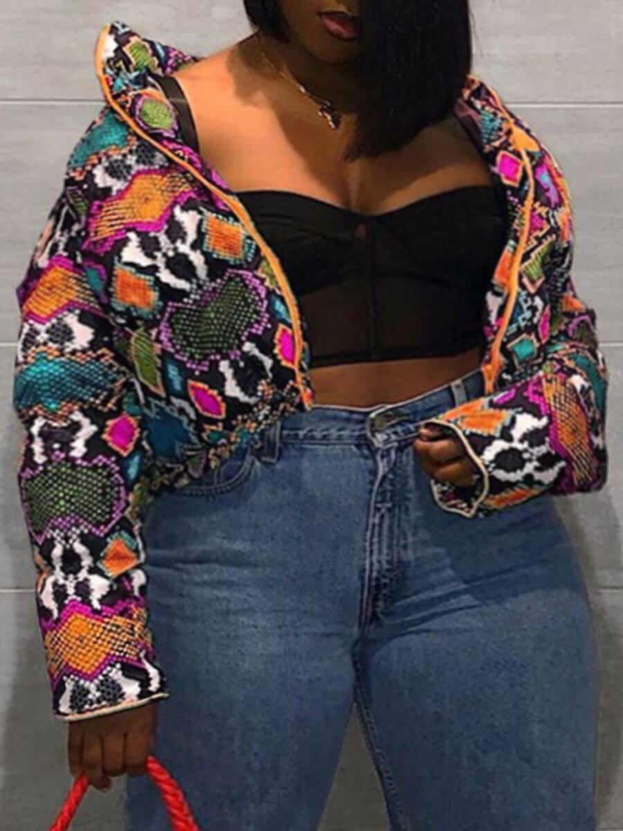 

Lovely Casual Geometric Print Patchwork Orange Plus Size Parka