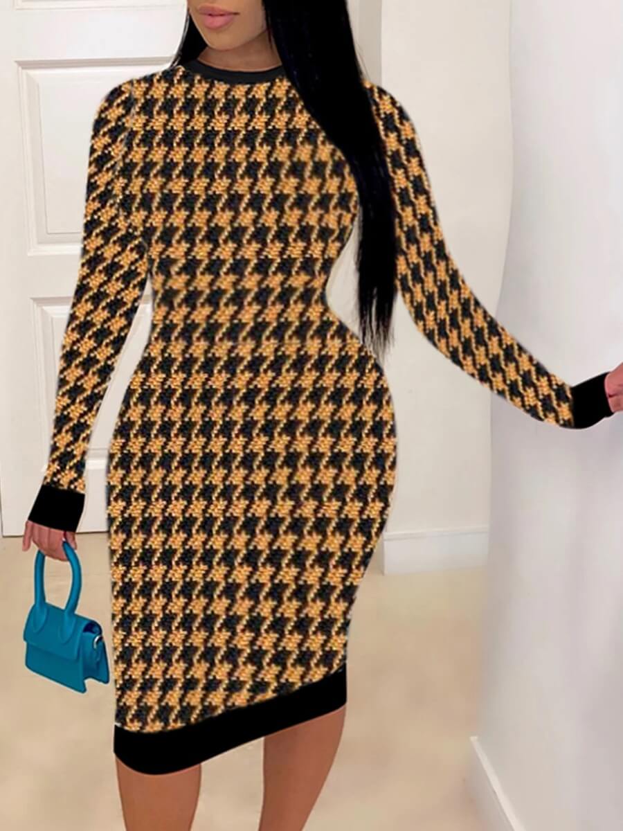 

Lovely Casual Plaid Print Patchwork Yellow Plus Size Knee Length Dress