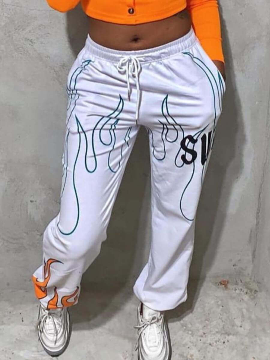 

Lovely Leisure Letter Print Patchwork Drawstring White Pants
