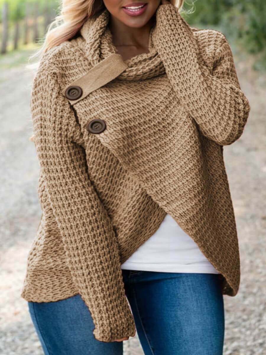 

Lovely Casual Button Cross-over Design Khaki Sweater