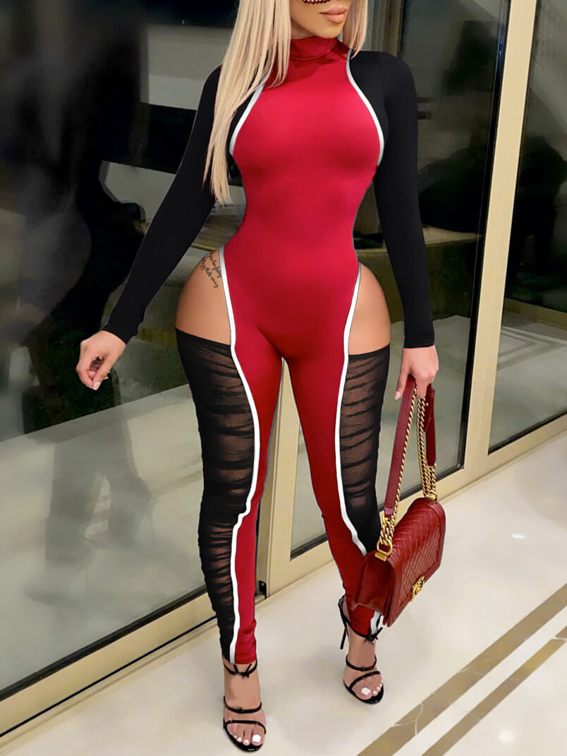 

Lovely Sexy Turtleneck Hollow-out Patchwork Red One-piece Jumpsuit