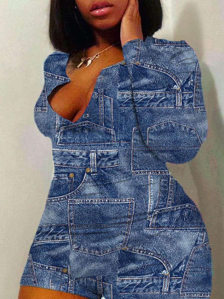 

Lovely Casual V Neck Patchwork Blue One-piece Romper