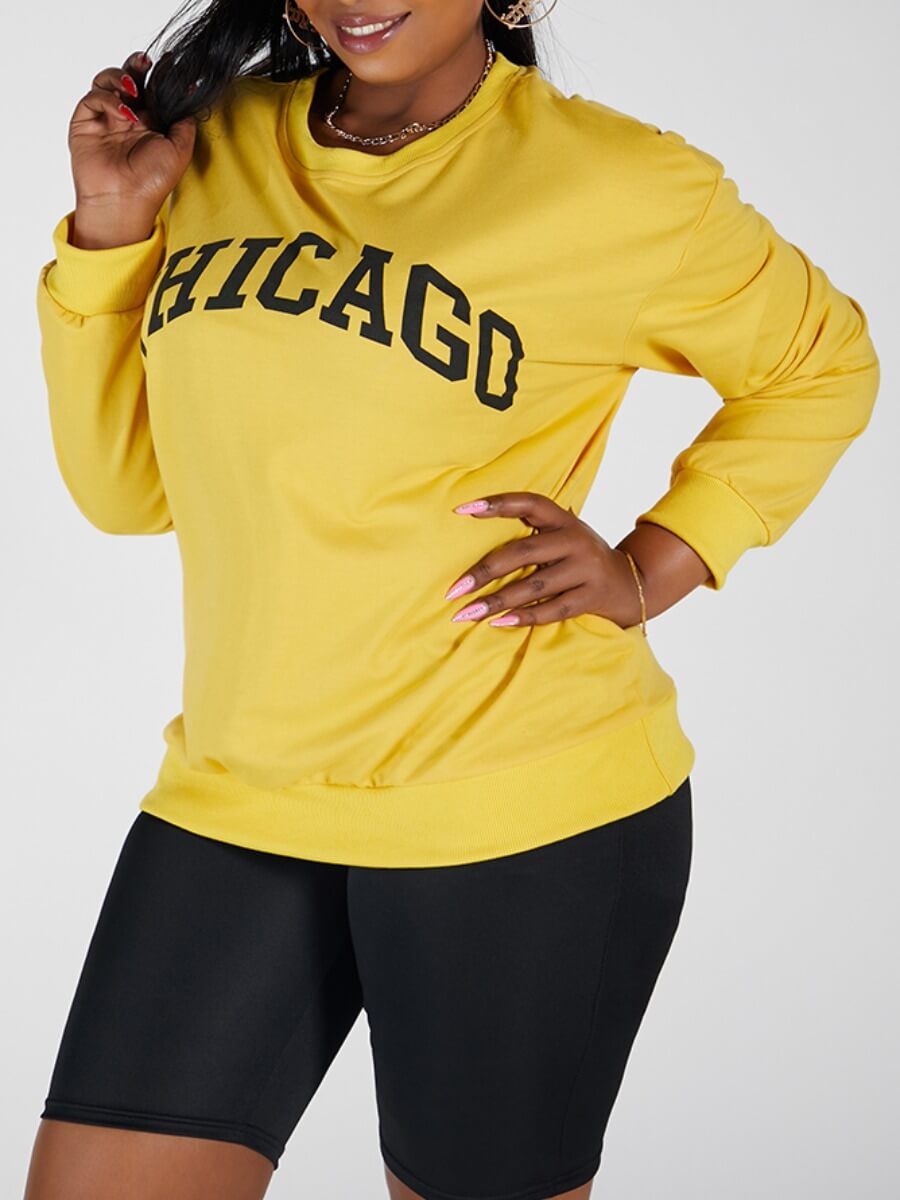 

Lovely Casual O Neck Letter Print Yellow Plus Size Hoodie