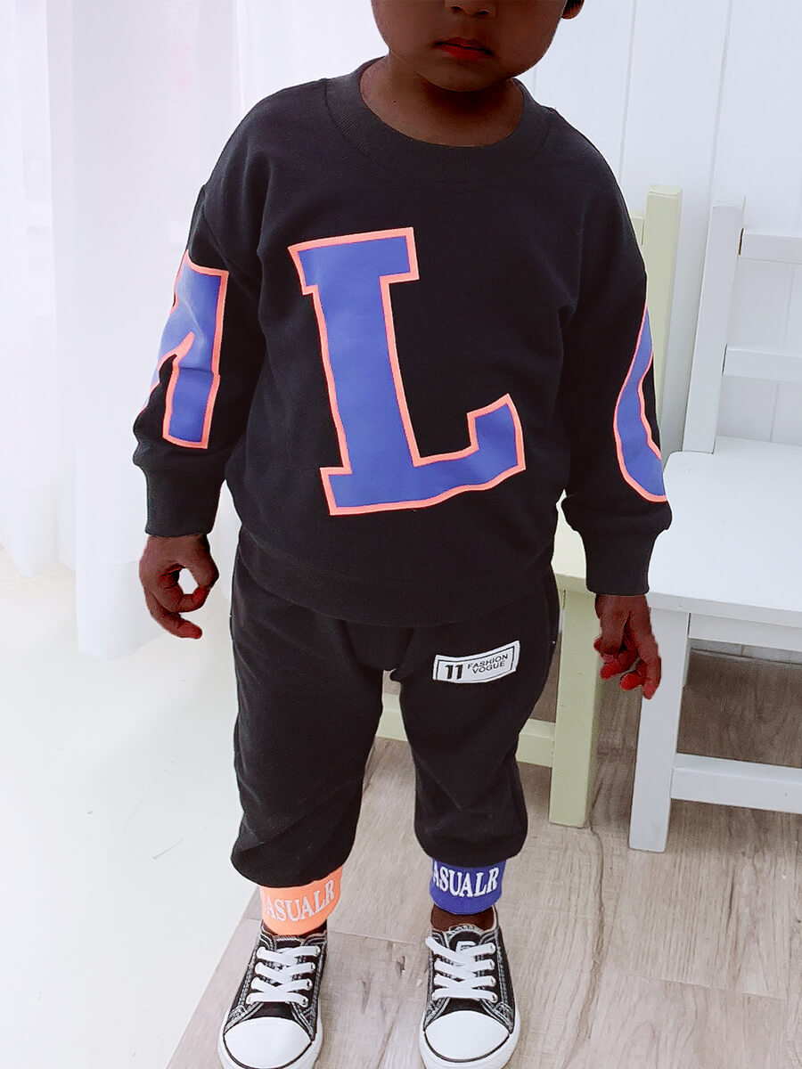 

Lovely Sportswear O Neck Letter Print Black Boy Two Piece Pants Set