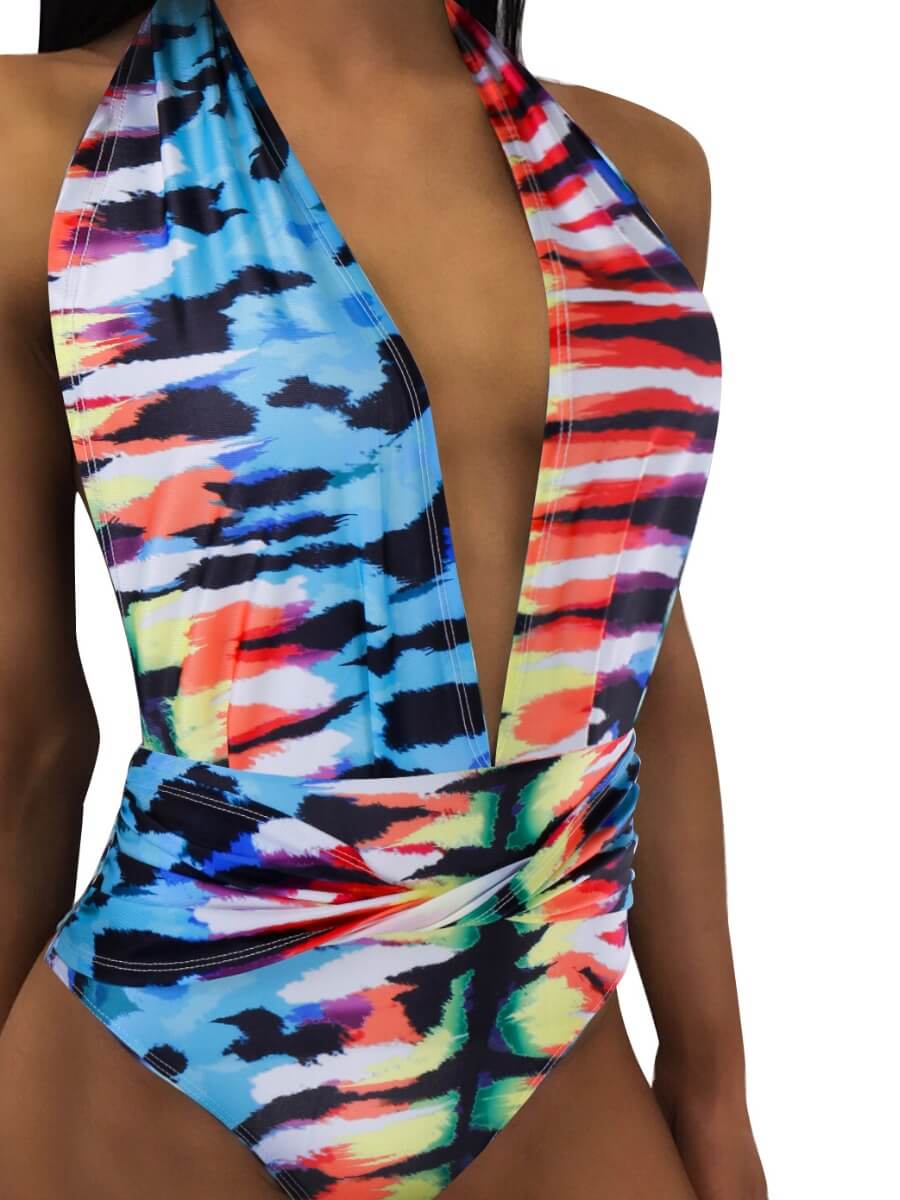 

Lovely Chic Deep V Neck Print Patchwork Multicolor Two-piece Swimsuit, Multi