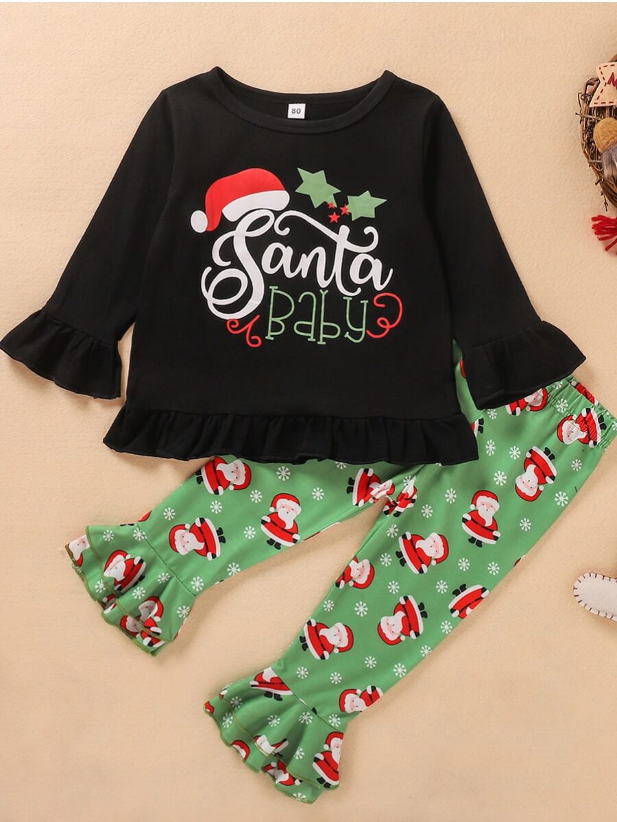 

Lovely Trendy Christmas Day Letter Print Flared Black Girl Two Piece Pants Set