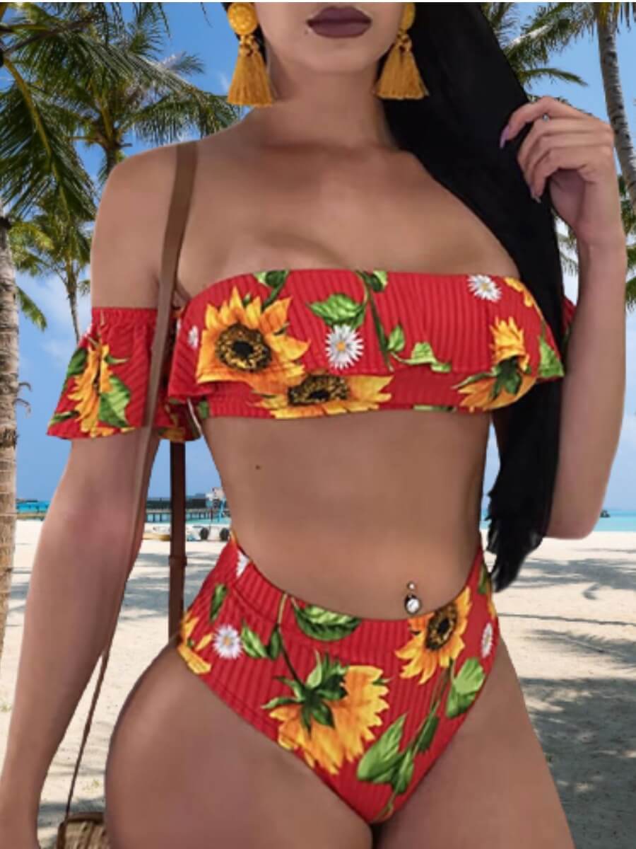 

Lovely Sexy Floral Print Flap Over Red Two-piece Swimsuit