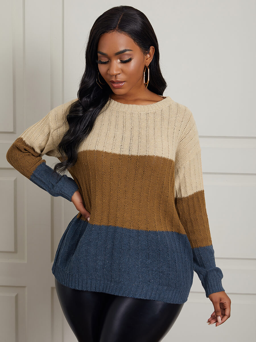 

Lovely Casual O Neck Color-lump Stitching Light Tan Sweater