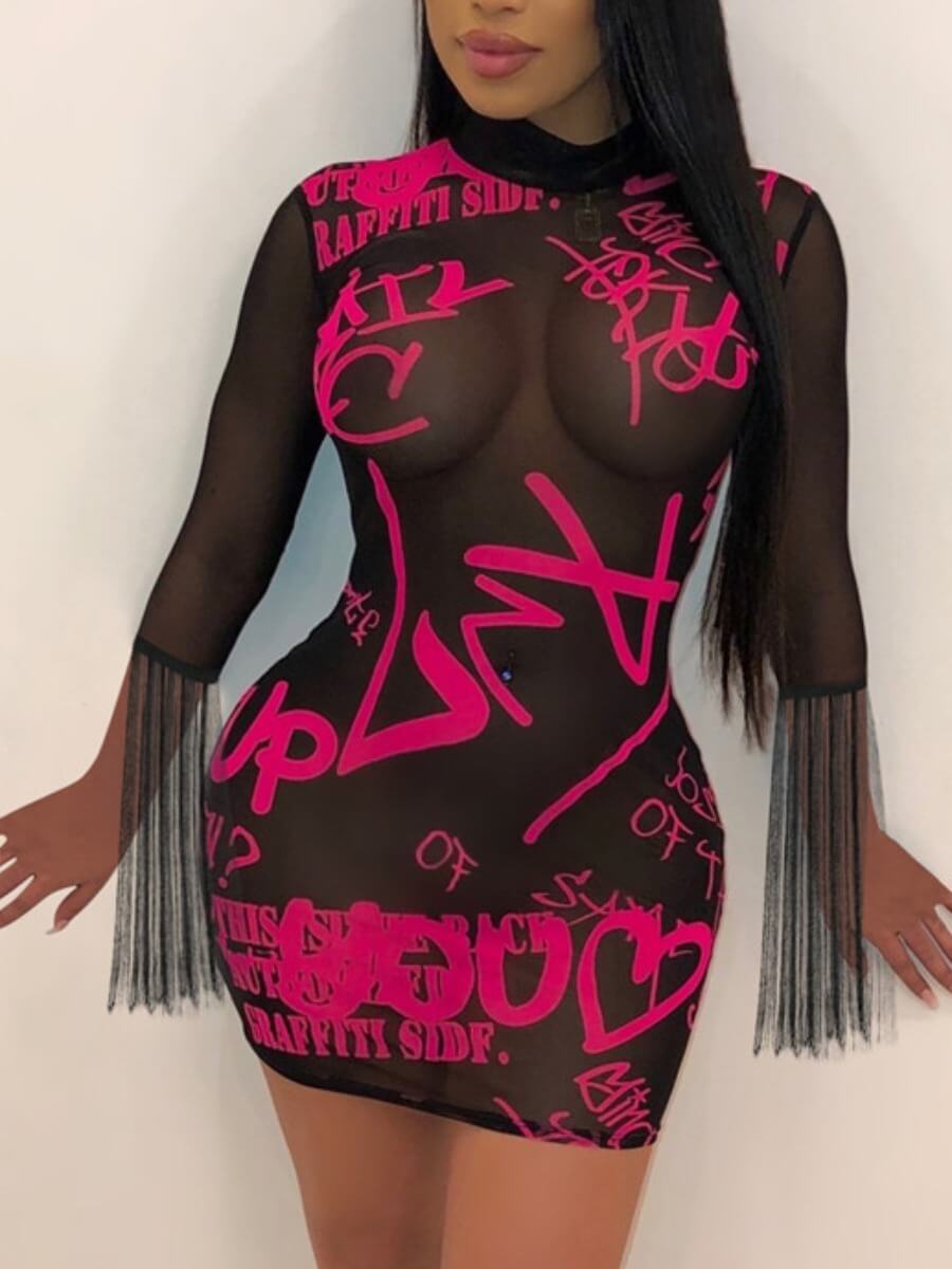 

Lovely Sexy See-through Letter Print Patchwork Pink Mini Dress