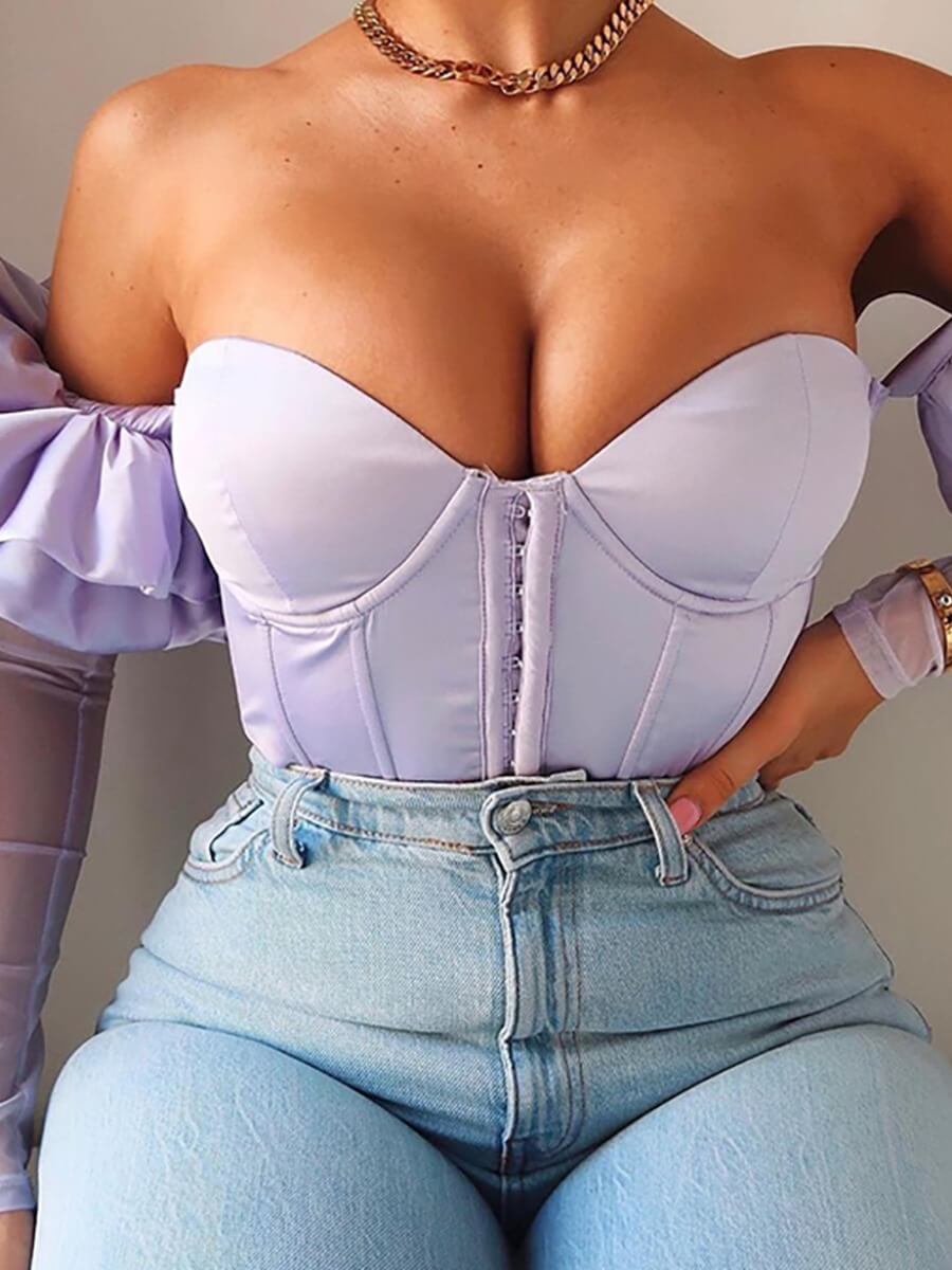 

Lovely Sweet Bateau Neck Ruffle Design Purple Blouse