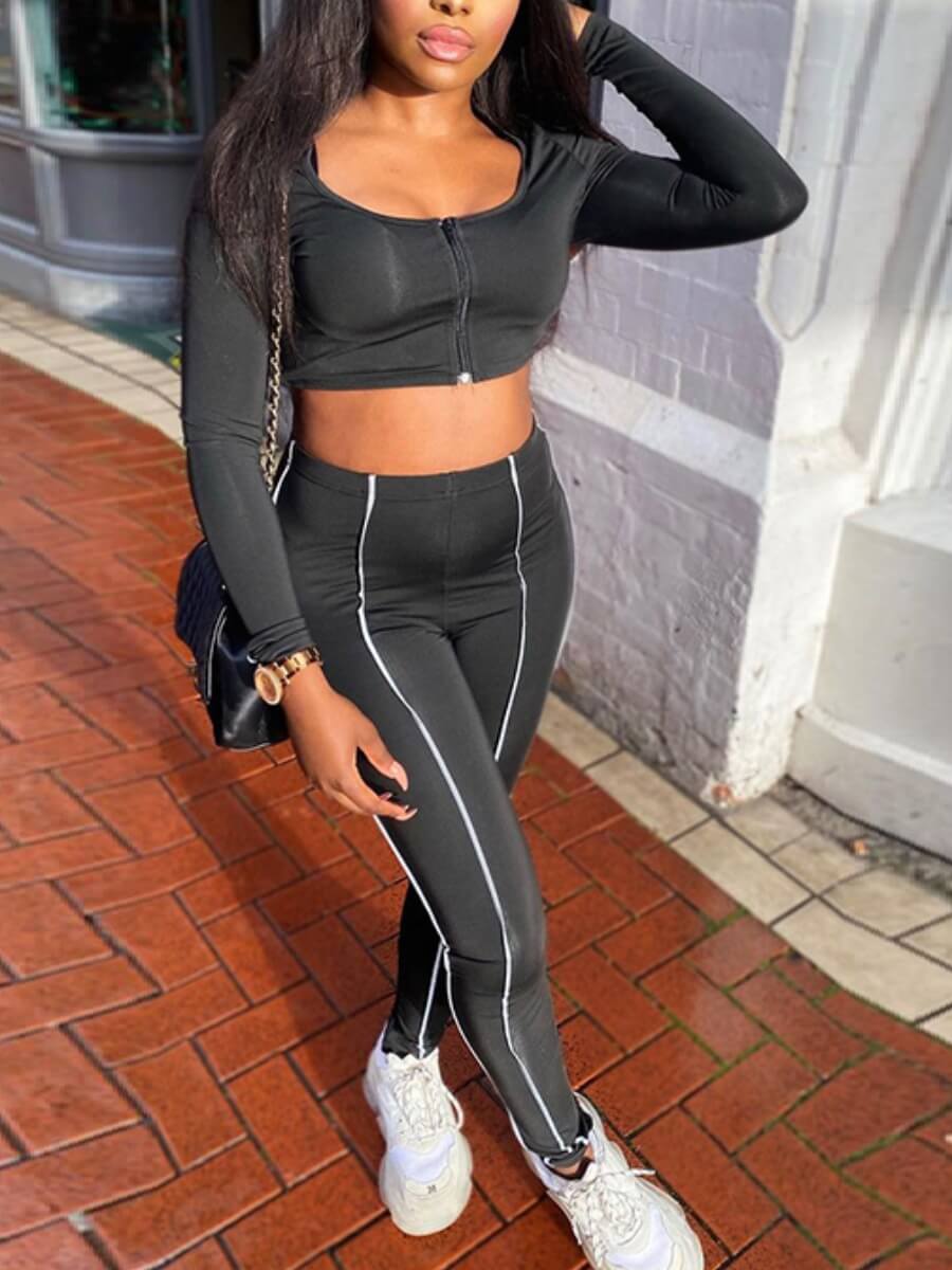 

Lovely Sportswear U Neck Striped Black Two Piece Pants Set