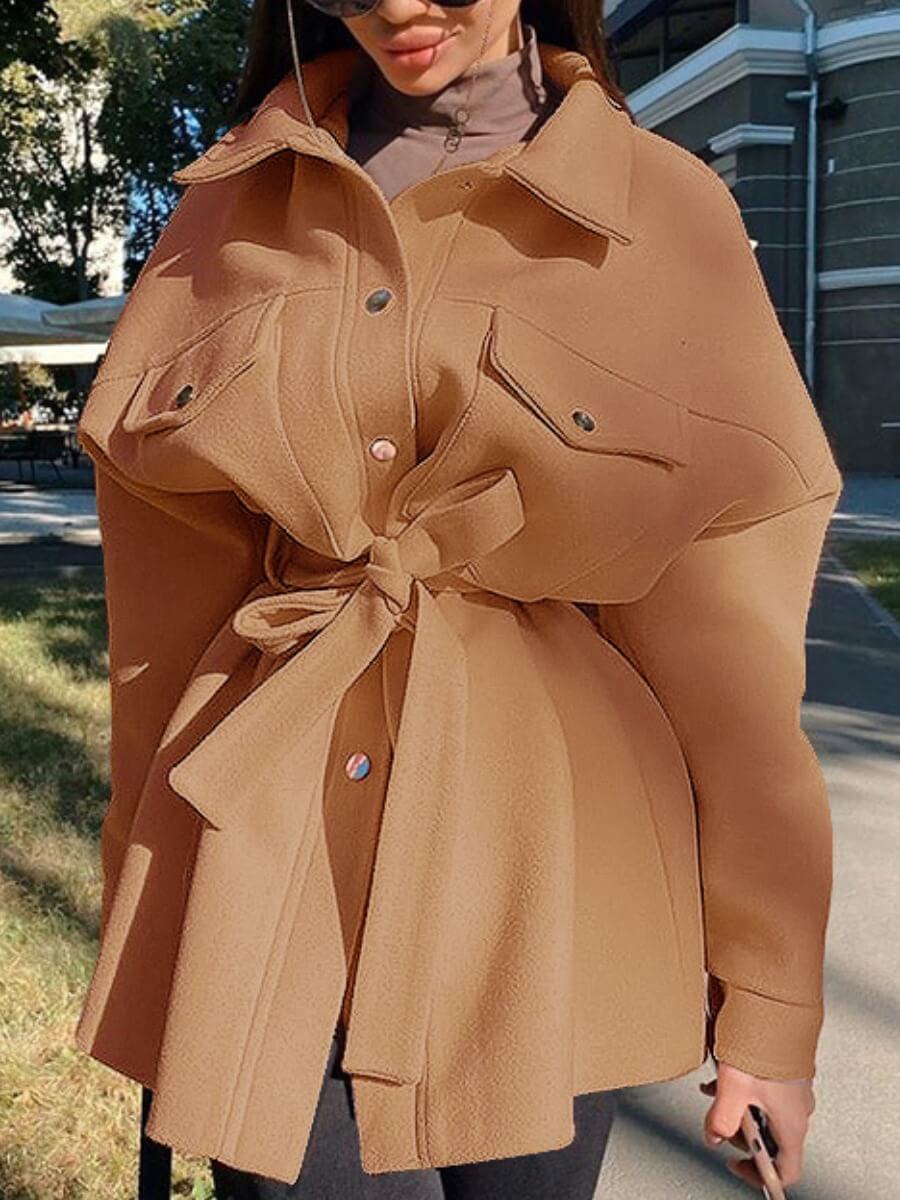 

Lovely Casual Lace-up Pocket Design Brown Trench Coats