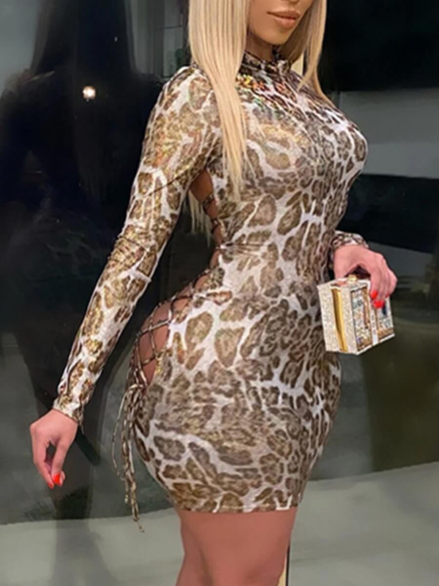 

Lovely Sexy Street O Neck Print Hollow-out Khaki Mini Plus Size Dress