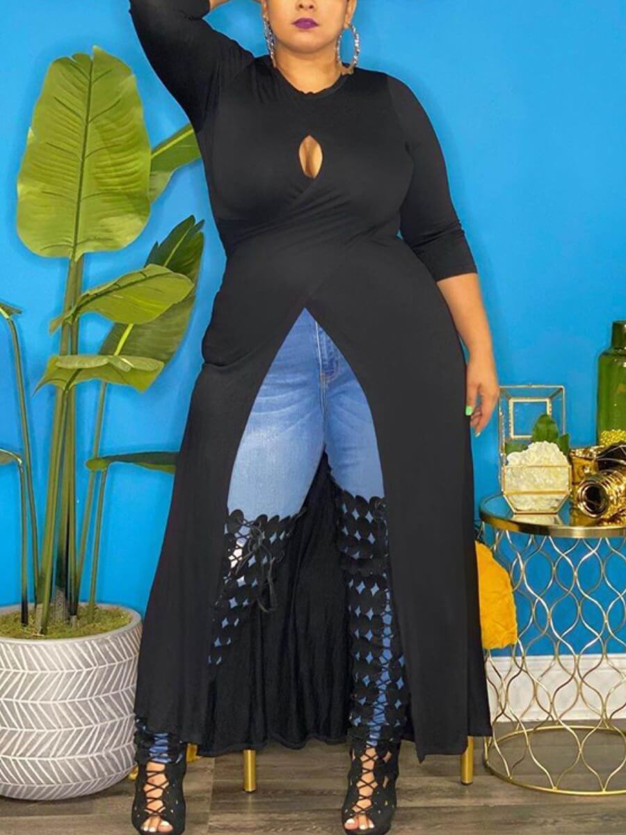 

Lovely Plus Size Casual O Neck Hollow-out Black T-shirt