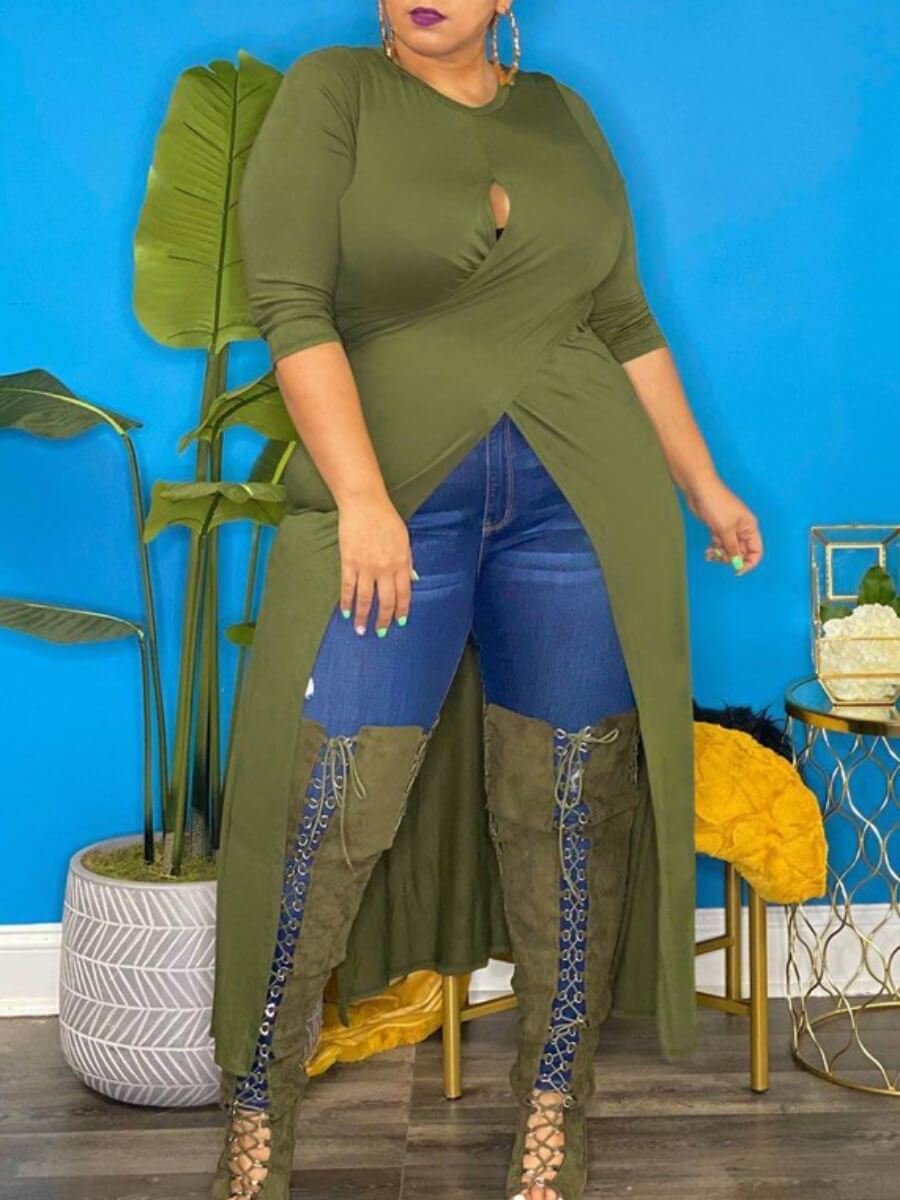 

LW BASICS Plus Size Casual O Neck Hollow-out Green T-shirt