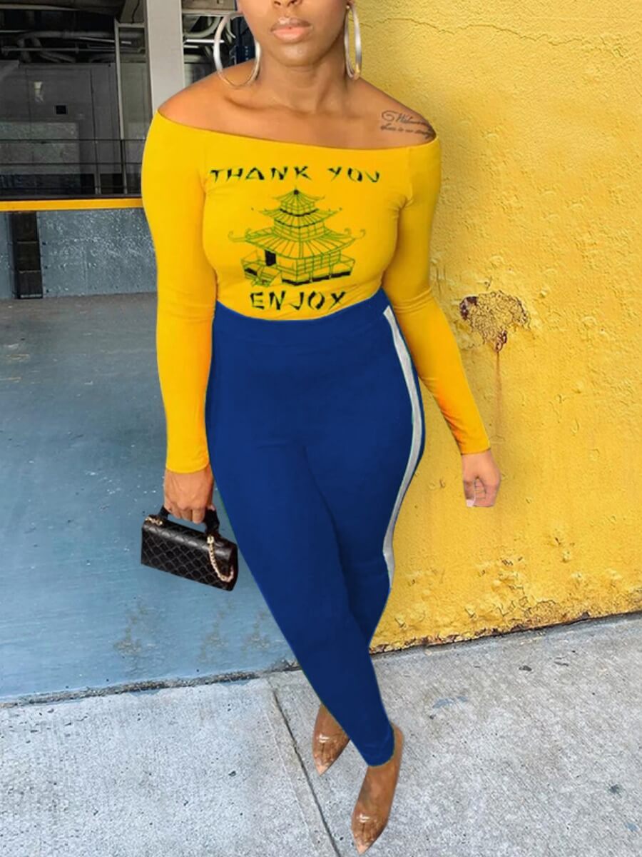 

Lovely Trendy Dew Shoulder Print Blue Two Piece Pants Set
