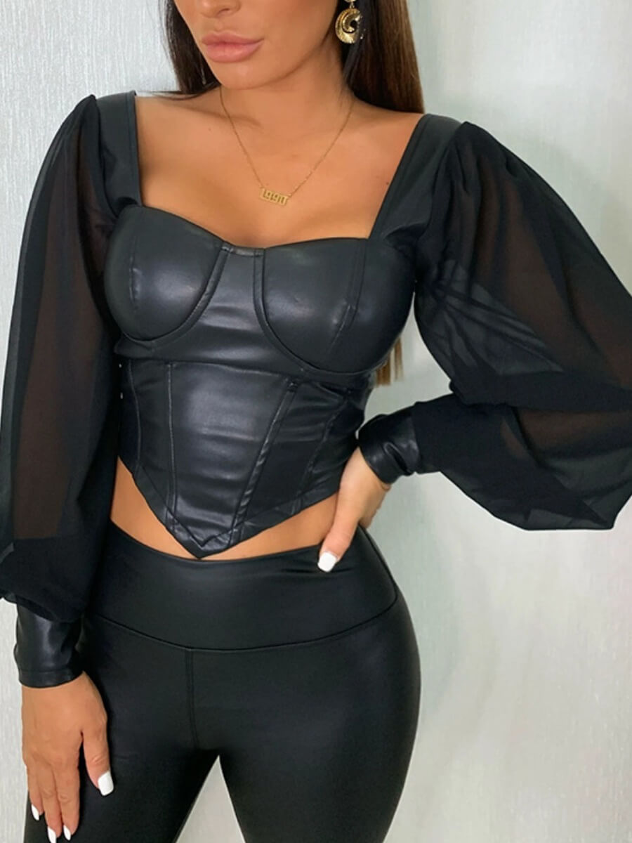 

Lovely Stylish Square Collar Asymmetrical Mesh Patchwork Black Blouse