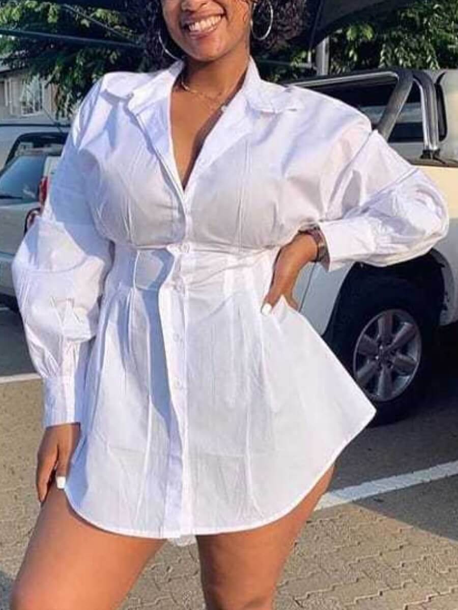 

Lovely Stylish Turndown Collar Asymmetrical White Mini Shirt Dress