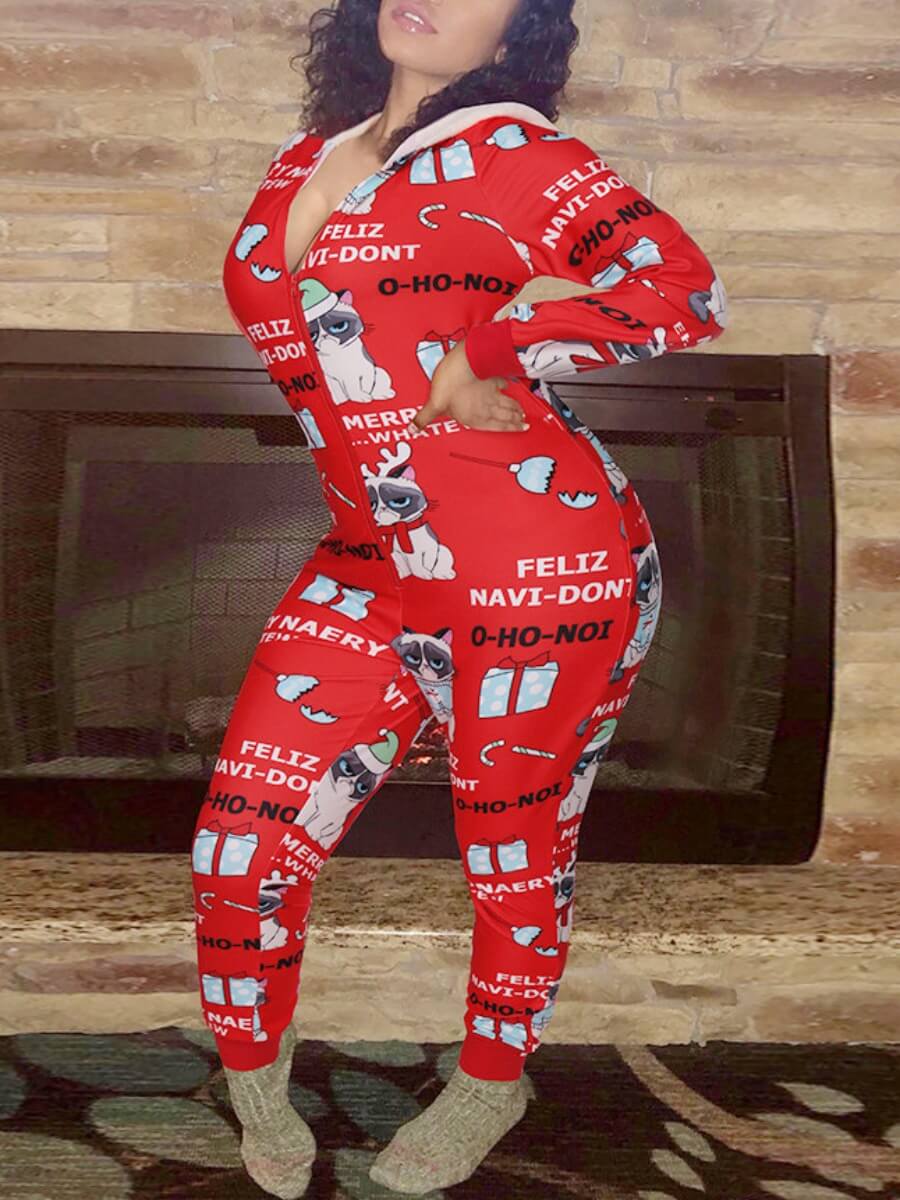 

Lovely Casual Hooded Collar Letter Print Hollow-out Red One-piece Jumpsuit