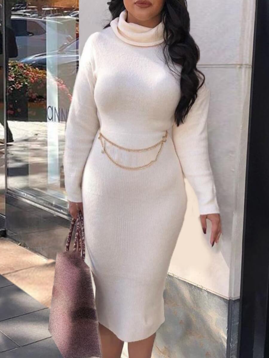 

Lovely Casual Turtleneck Long Sleeve White Mid Calf Dress(Without Waist Chain)