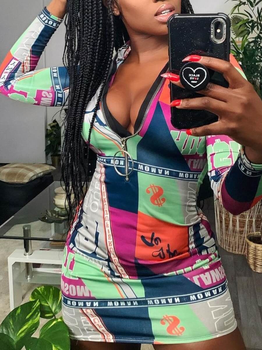 

Lovely Sportswear V Neck Letter Print Multicolor Mini Dress, Multi