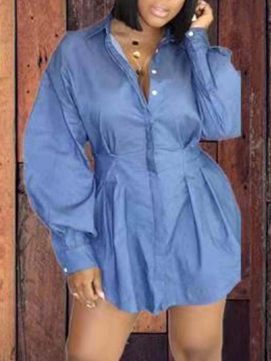

Lovely Casual Turndown Collar Fold Design Blue Mini A Line Denim Dress