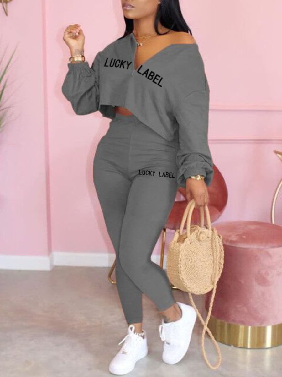 

Lovely Casual Dropped Shoulder Letter Print Grey Two Piece Pants Set
